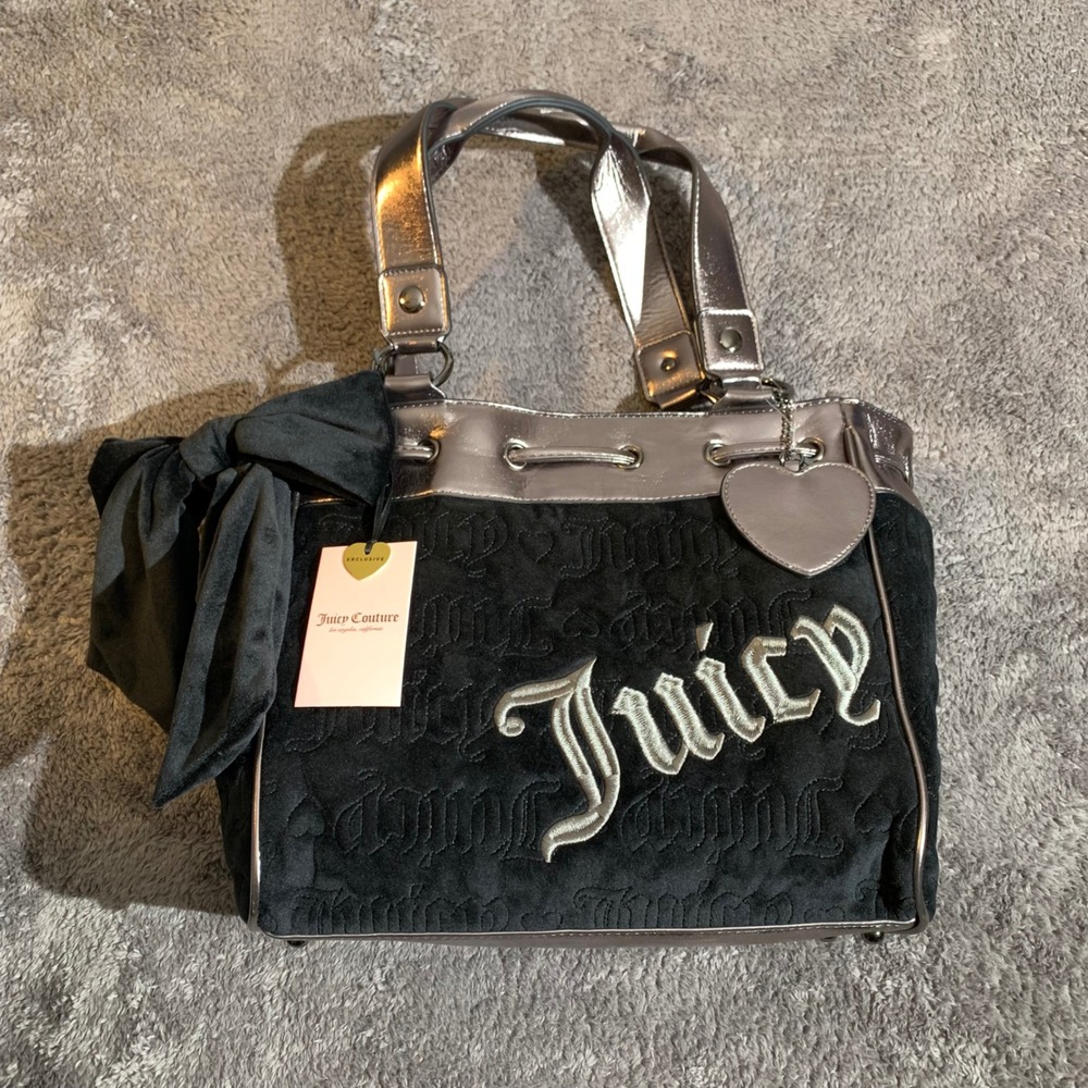 Juicy Couture Black Day Dreamer Black Velour‎ Tote Bag Embroidered Logo Y2K New